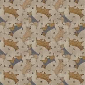 Trotting Australian Terriers and paw prints - faux linen