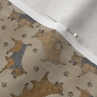 Tiny Trotting Australian Terriers and paw prints - faux linen