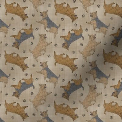 Tiny Trotting Australian Terriers and paw prints - faux linen