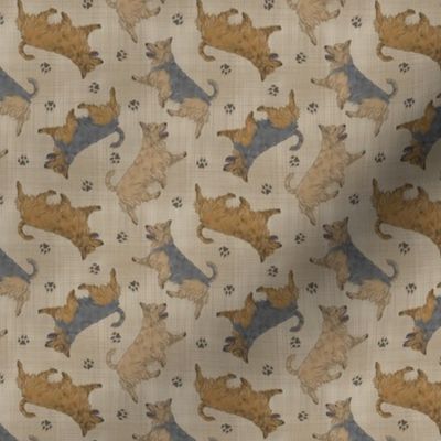 Tiny Trotting undocked Australian Terriers and paw prints - faux linen