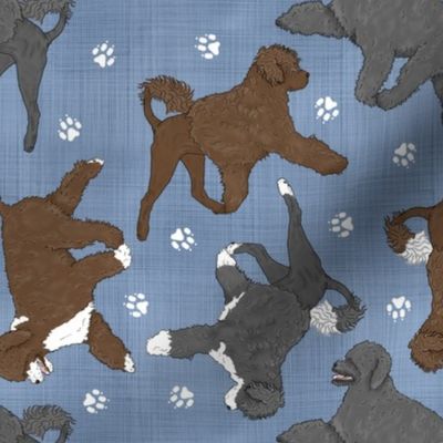 Trotting assorted Portuguese water dogs and paw prints - faux denim