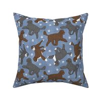 Trotting assorted Portuguese water dogs and paw prints - faux denim