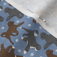 Tiny Trotting assorted Portuguese water dogs and paw prints - faux denim