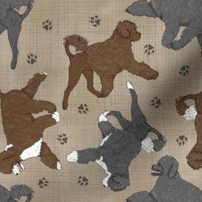 Trotting assorted Portuguese water dogs and paw prints - faux linen