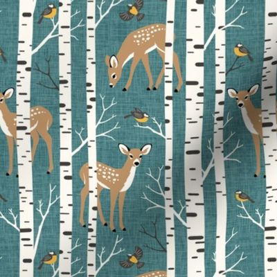 Small Scale / Birch Deer / Dark Teal Textured Background