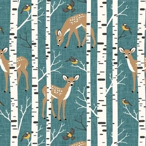 Small Scale / Birch Deer / Dark Teal Textured Background