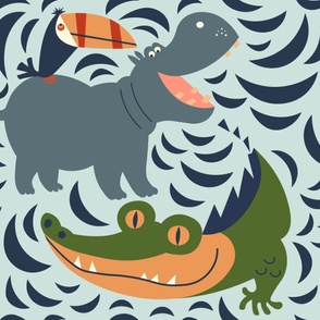 Hippo Hive // Alligator, Hippo & Toucan // Vintage Colorway // Cute Animals // Childrens Fabric // Kids Pattern Fabric // Big Scale