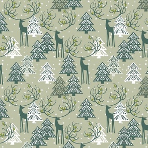 Deer Reiner green Birds singing_ the Christmas Stars of Woodland_Christmas forest Green Toile