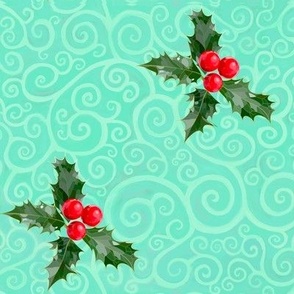 Mosaic holly on green Celtic spirals 
