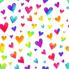 Rainbow Watercolor Hearts on White (large scale)