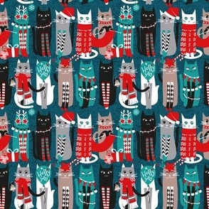 Tiny scale // Feline Christmas vibes // dark teal background grey mint white brown and black kittens