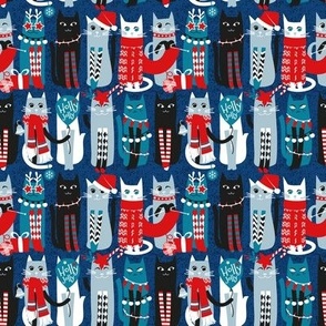 Tiny scale // Feline Christmas vibes // blue background blue white and black kittens