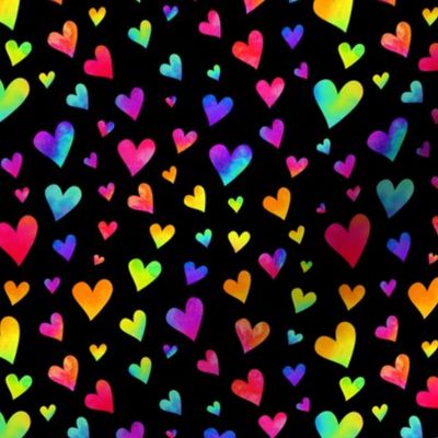 Rainbow Watercolor Hearts on Black (medium scale)