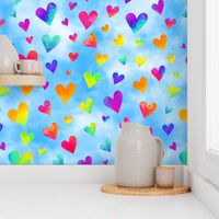 Rainbow Watercolor Hearts on Clouds Blue (large scale)