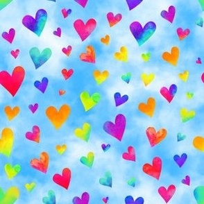 Rainbow Watercolor Hearts on Clouds Blue (medium scale)