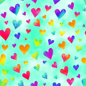 Rainbow Watercolor Hearts on Clouds Mint (medium scale)