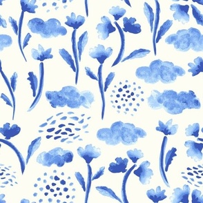 watercolor China blue flowers on natural (matching with Spoonflower petal solids) Large scale