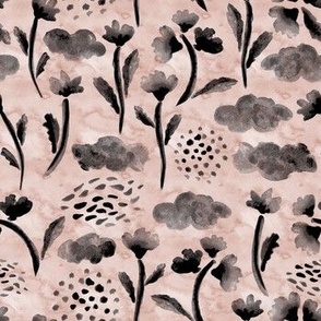 watercolor Black and gray flowers on blush Small scale