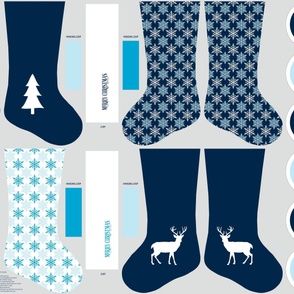 Set of 4 blue Christmas stockings and 6 ornaments, with snowflakes, deer, tree