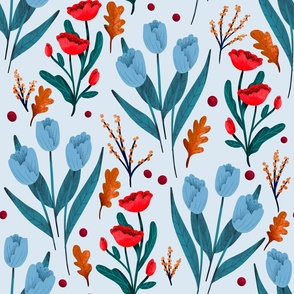 Fall Florals - Large - Cool Tones on Blue