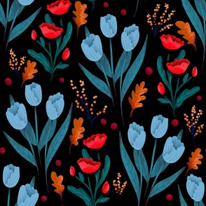 Fall Florals - Large - Cool Tones on Black