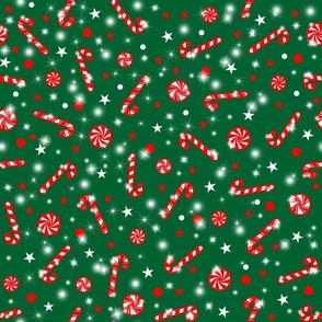 Peppermint Candies and Candy Canes Red on Dark Green