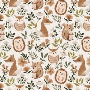 boho wild animal party - with fox owl squirrel and hedgehog - in neutral brown orchid and forest green - small scale (1/5)