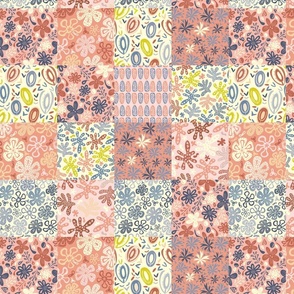 Field of Flowers patchwork,  Granny-chic Cheater quilt,  Medium BABY quilt scale (Squares~3 & 3/8ths", Square-see swatch size)