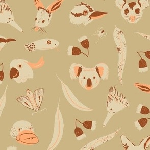 Cute Australian Animal Faces / Beige / Large scale