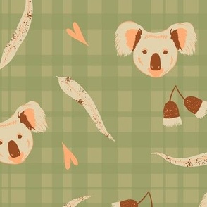 Koala  Face with Gum Leaves / Green Plaid / Large Scale
