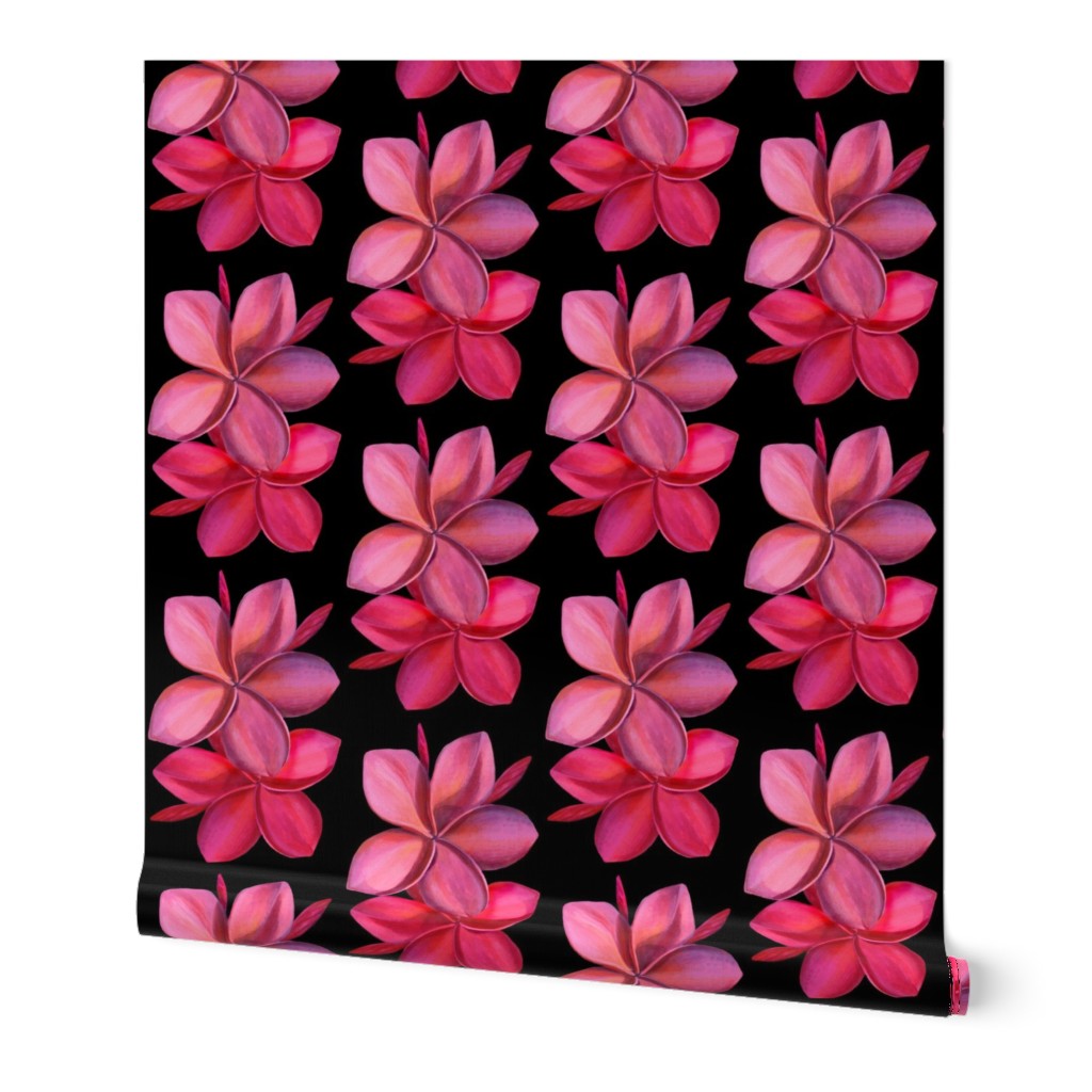 medium-Double Red Plumeria simple repeat-black bkg