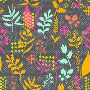 Neon garden with with wild flowers on dark gray Medium scale