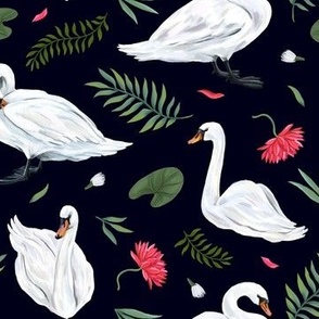 Swans and pink lilies