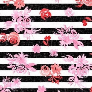 Watercolor pink and red florals on black and white horizontal stripes with linen texture overlay Medium scale