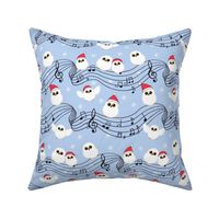 Musical Christmas baby snowy owls on  blue