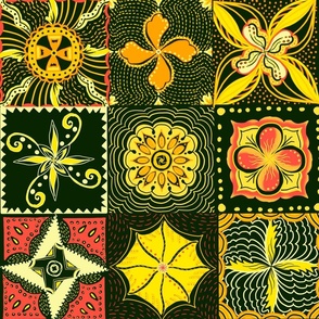 Ethnic retro mandala tiles handdrawn yellow and dark blue 24” blocks