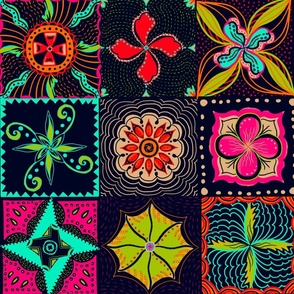 All the brights mandala ethnic patchwork tiles handdrawn 24” blocks