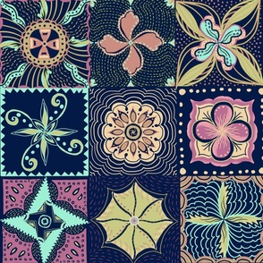 Tiled mandala flowers in modern colours 24” block