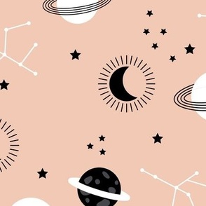 Planetarium and constellation galaxy sweet minimalist planets stars and moon universe theme boho nursery moody peach blush black and white LARGE