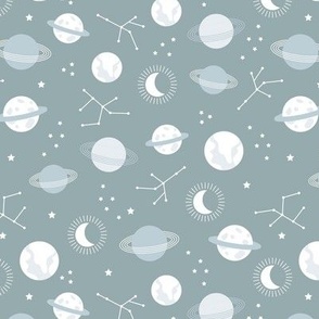 Planetarium and constellation galaxy sweet minimalist planets stars and moon universe theme boho nursery cool moody blue