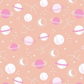 Planetarium and constellation galaxy sweet minimalist planets stars and moon universe theme boho nursery pink on peach orange