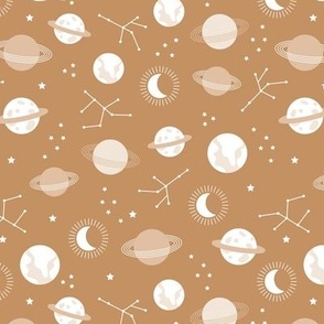 Planetarium and constellation galaxy sweet minimalist planets stars and moon universe theme boho white beige on caramel brown