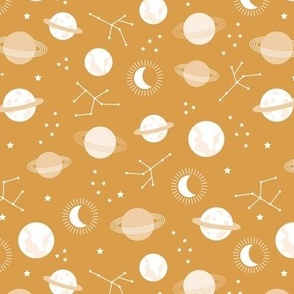 Planetarium and constellation galaxy sweet minimalist planets stars and moon universe theme boho white beige on ochre yellow