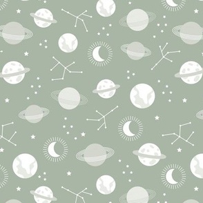 Planetarium and constellation galaxy sweet minimalist planets stars and moon universe theme boho sage green neutral 