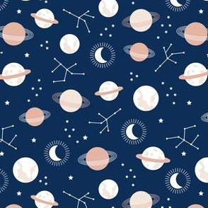 Planetarium and constellation galaxy sweet minimalist planets stars and moon universe theme boho blush coral on navy blue