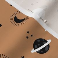 Planetarium and constellation galaxy sweet minimalist planets stars and moon universe theme boho nursery pastel caramel brown sienna black and white