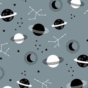 Planetarium and constellation galaxy sweet minimalist planets stars and moon universe theme boho nursery cool gray black and white 