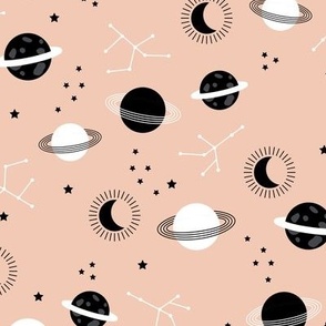 Planetarium and constellation galaxy sweet minimalist planets stars and moon universe theme boho nursery moody peach blush black and white