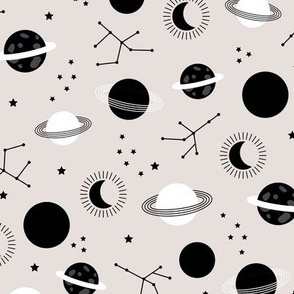 Planetarium and constellation galaxy sweet minimalist planets stars and moon universe theme boho nursery pastel sand gray black and white