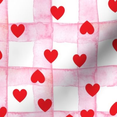 1´´ wide pink stripe Lovecore buffalo check gingham with hearts pink watercolor on white